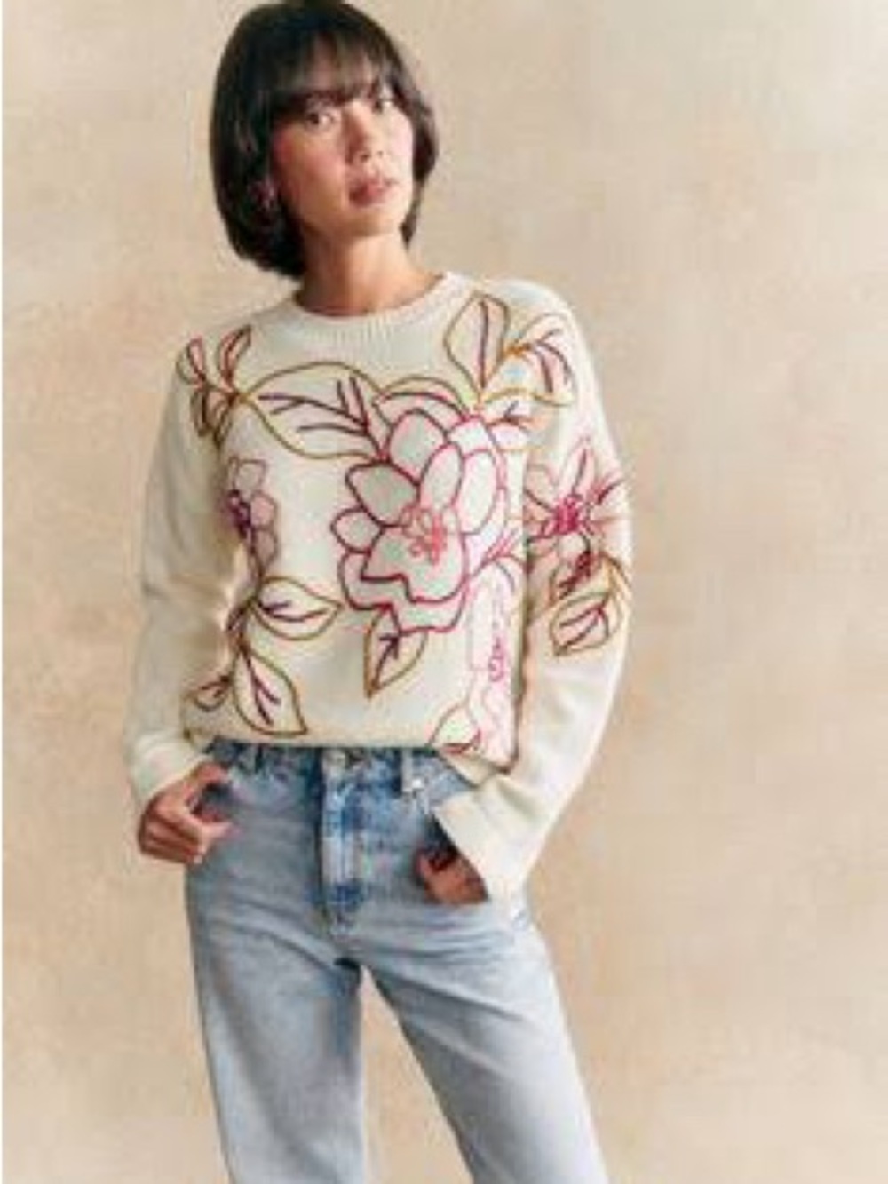 Joie Cream Crewneck Sweater with Pink & Brown Floral Embroidery 100% Cashmere